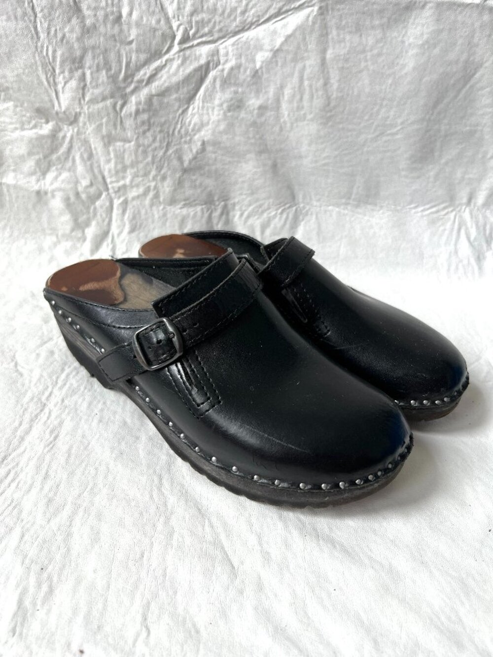 Troentorp swedish clogs Donatello 38 8 womens black leather wood studded slip on